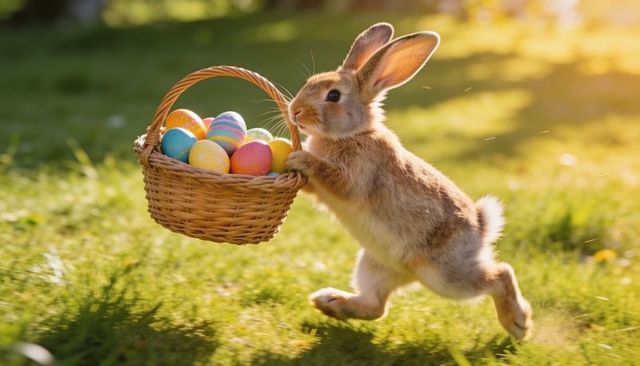 Leaping brown rabbit carrying basket of colorful easter eggs on sunny garden lawn