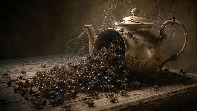 Gilded teapot spilling black spider swarm across weathered wooden table with cobwebs