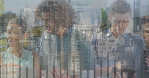 Global business team analyzing financial data with urban overlay