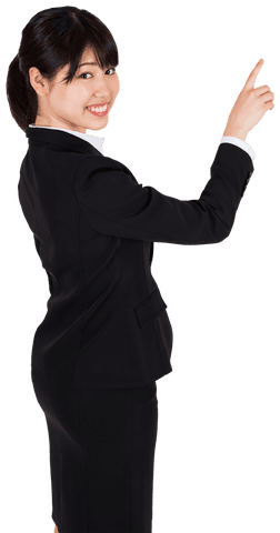 Asian Businesswoman in Suit Pointing Up, Smiling on Transparent Background