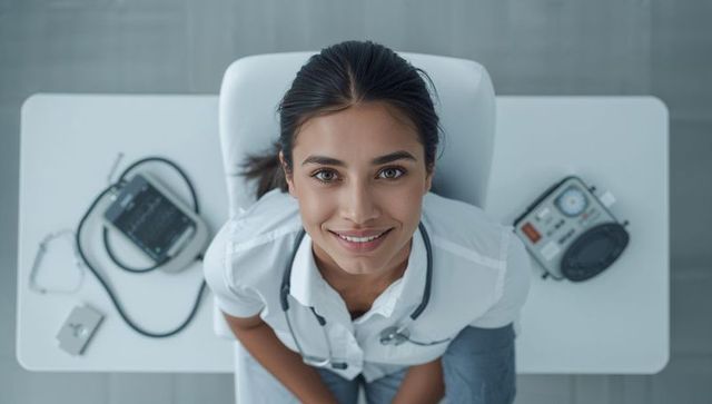 Smiling clinician looking up with stethoscope at clinic desk surrounded by medical equipment