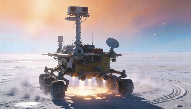 Autonomous 6-wheel rover traversing frozen plain at sunrise with sensor mast and thrusters