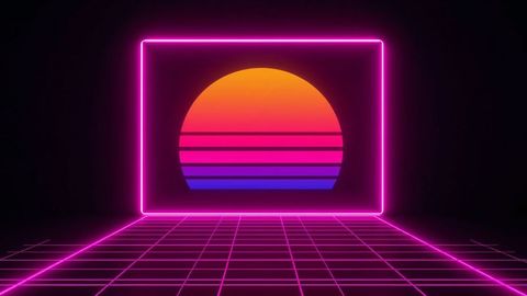Neon grid floor facing sunset for synthwave artistic concept