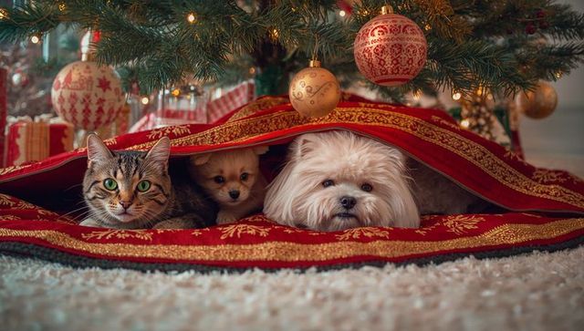 Tabby cat, puppy, and dog nestled beneath christmas tree
