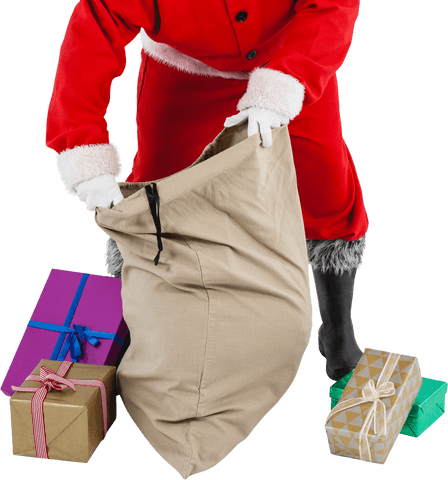 Santa claus loading gift sack on white background transparent