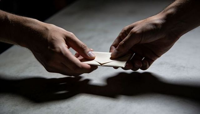 Hands exchanging small folded envelope closeup over dim tabletop with dramatic shadows