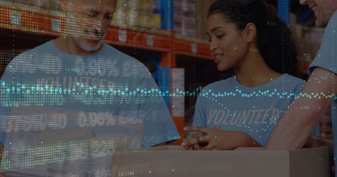 Diverse Volunteers in Warehouse with Digital Financial Graphs - Download Free Stock Images Pikwizard.com