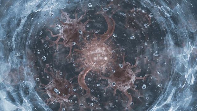 Luminescent spiky viral particles spiraling inside ringed cellular vortex biomedical concept