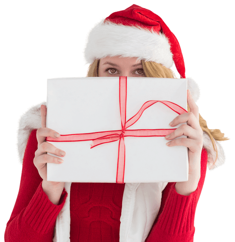 Blonde woman in santa hat hiding behind transparent paneled gift