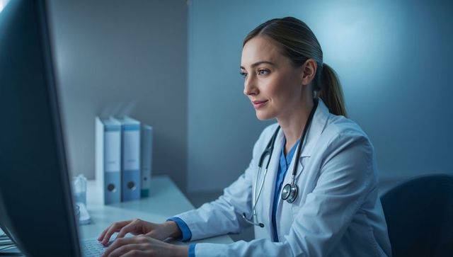 Physician typing electronic health records at clinic desk with stethoscope and monitor