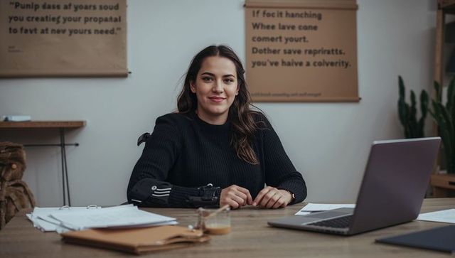 Professional woman sitting and working at home office desk with laptop, paperwork, coffee