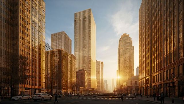 Golden-hour urban avenue leading toward modern skyscrapers with commuters and traffic