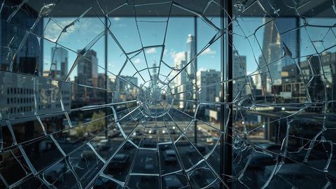 Shattered glass with metropolitan urban view and busy roads