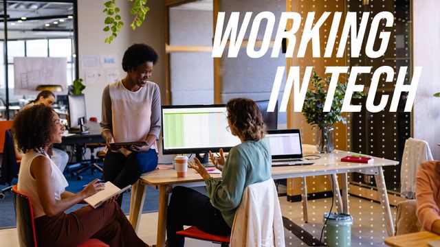 Diverse team in tech setting. The image showcases collaboration and innovation in a modern workplace. 

Ideal for articles on tech careers or promoting inclusive work environments.