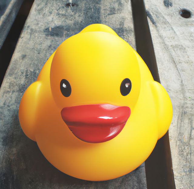Bright yellow rubber duck with red beak placed on wooden planks. Perfect for use in children's toys advertising, playful themes for bathroom decor, or product promotion for bath products.