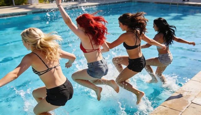 Four friends jumping into backyard pool splashing water wearing bikinis and summer shorts