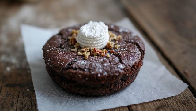 Rustic Decadent Chocolate Cake Topping Whipped Cream and Chopped Nuts on Parchment