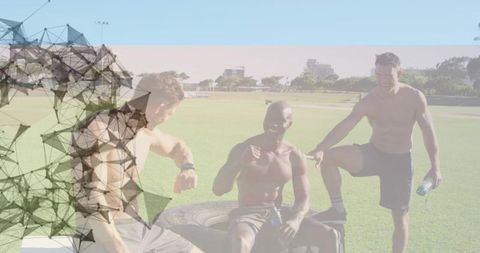 Shirtless Athletic Partners Energized on Outdoor Sports Field