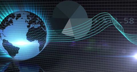 Glowing Digital Globe with Binary Stream and Neon Waveform over Grid and Pie Chart