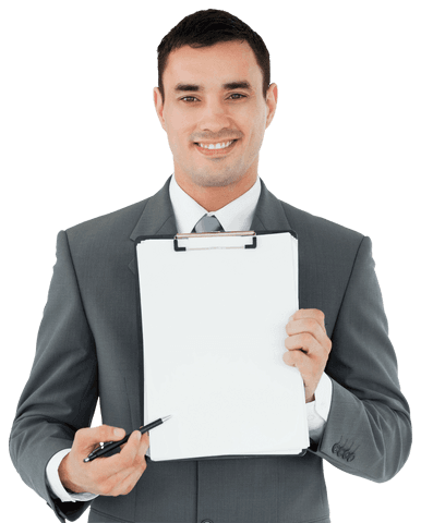 Businessman Displaying Blank Clipboard on Transparent Background