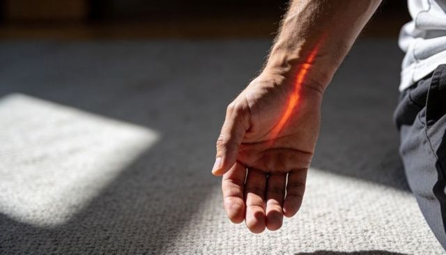Man hovering hand over sunlit carpet with red light stripe on forearm