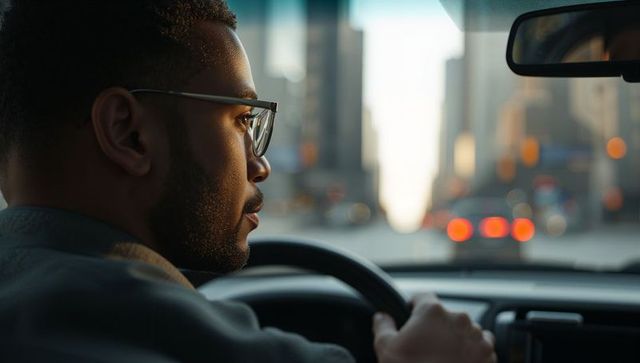 Focused driver navigating urban traffic at golden hour wearing glasses, interior view