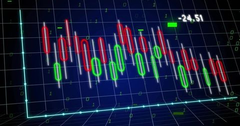 Neon 3d candlestick trading chart showing streaming binary data and futuristic interface