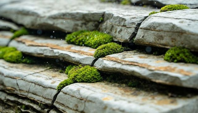 Layered limestone ledges with vibrant green moss growing in damp stone crevices