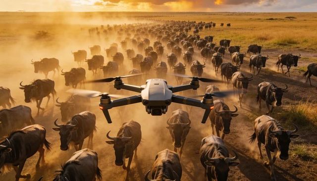 Drone filming great wildebeest migration over dusty african savanna at golden hour