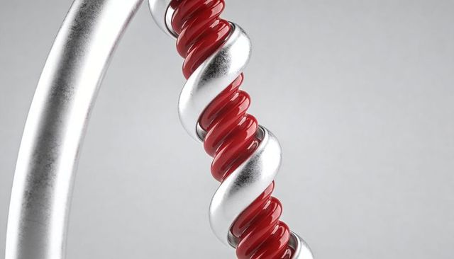 Glossy red helix wrapped by polished silver ribbon close-up abstract spiral design studio