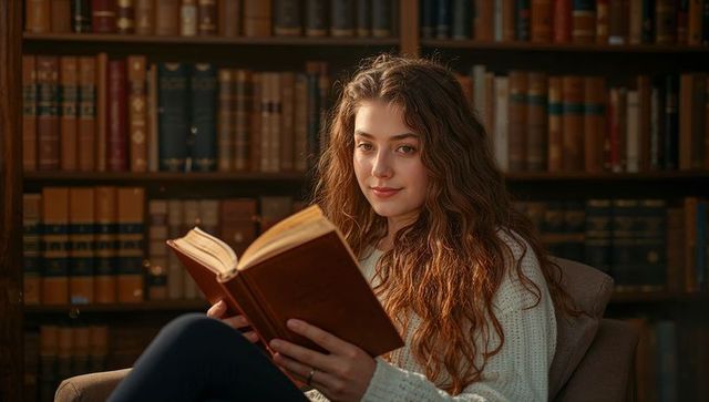Young woman reading vintage hardback book in cozy library armchair with warm lamplight