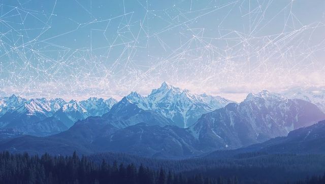 Snowcapped peak towering over alpine ridges, conifer treeline, futuristic network overlay