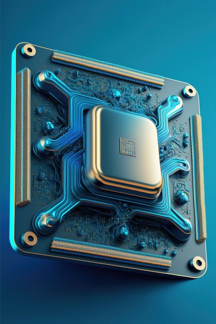 Computer processor on blue background, created using generative ai technology. Computer microchip technology and digital information concept digitally generated image.