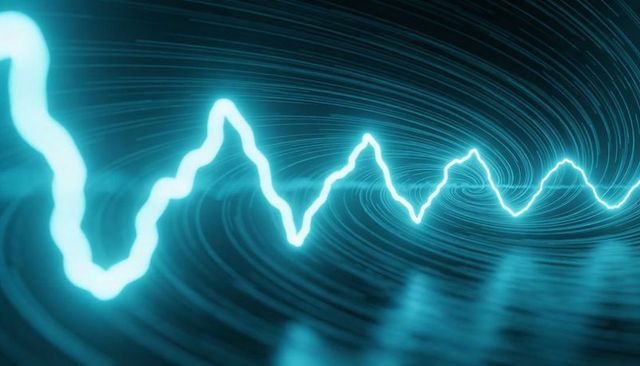 Cyan Neon Wave Traveling Through Digital Vortex Forming Spiral Rings and Rippling Floor