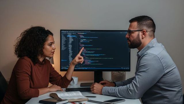 Female developer explaining code to male colleague at monitor, collaborating on software