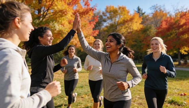 Women running together autumn park high-fiving during group workout