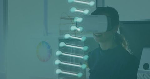 Future technology: woman experiencing virtual reality with dna holographic display