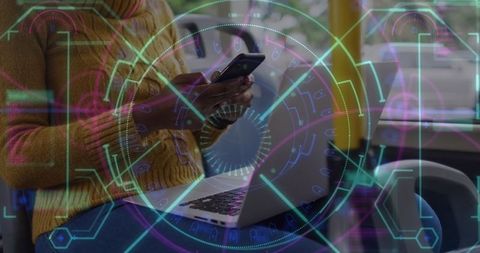 Digital interface over woman using smartphone with facemask on public transport