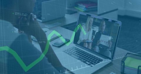 Remote team presenting analytics on laptop with rising green financial chart overlay
