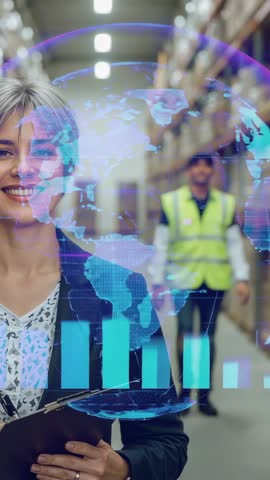 Project manager revealing holographic world map and inventory analytics while tracking stock