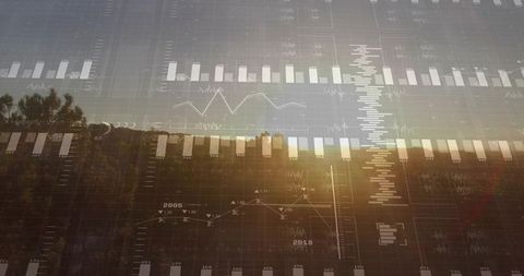 Sunset Landscape Merging with Translucent Data Charts Conveying Analytics and Trends