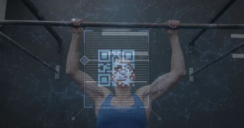 Female athlete pulling up on bar with QR code overlay, tech-driven fitness concept