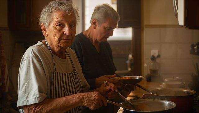 Senior women cooking together in cozy home kitchen stirring and serving