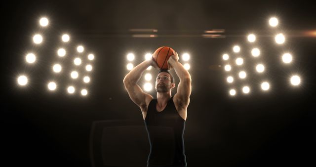 Focused Basketball Player Shooting Under Stadium Lights - Download Free Stock Images Pikwizard.com