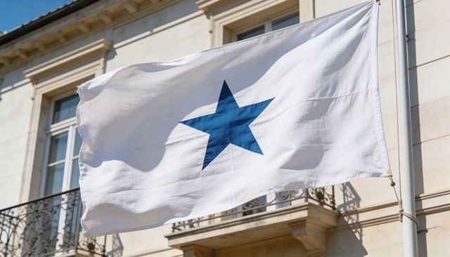 Blue star on white flag fluttering on pole against historic stone facade and iron balcony