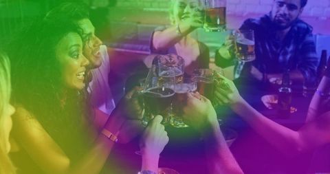 Friends Clinking Beer Mugs in Rustic Pub Atmosphere