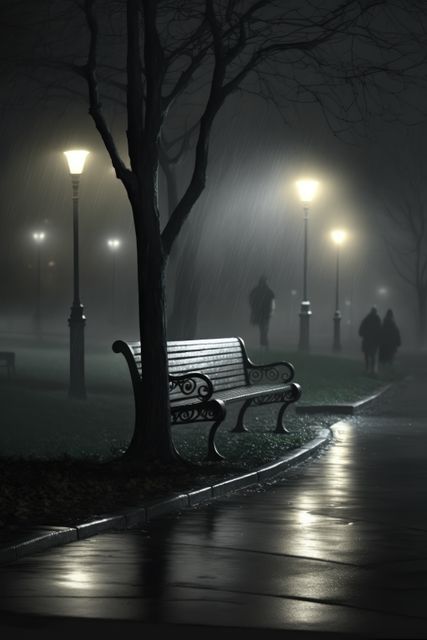 A wooden park bench under a tree in a park on a rainy, misty night. Streetlights illuminate the wet pathways, and dark silhouettes can be seen walking in the distance. Ideal for use in themes related to solitude, mystery, melancholy, and night time urban scenery.