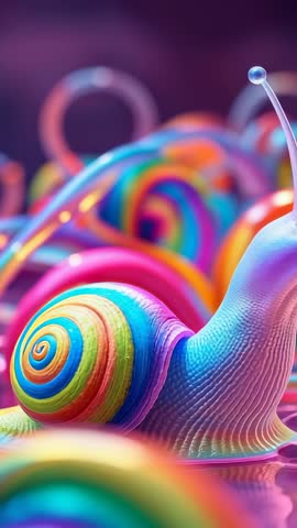 Vertical video of rainbow-shell snail gliding across glossy surface among pastel spirals