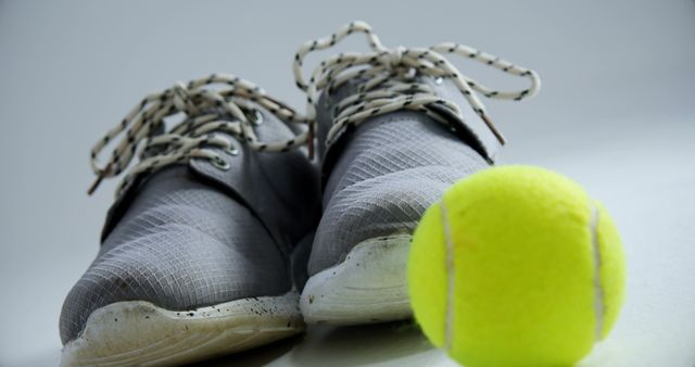 Close-up of worn athletic shoes next to a tennis ball, symbolizing sports and exercise. This could be used in articles or advertisements related to fitness, tennis training, sports equipment, and active lifestyles. The indoor setup and the condition of the shoes suggest intense training or regular physical activity.