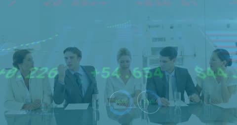 Business Team Analyzing Financial Data with Virtual Overlay